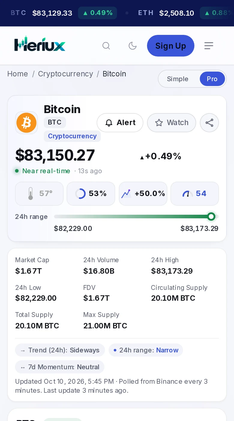 Heriux Bitcoin page on a phone.