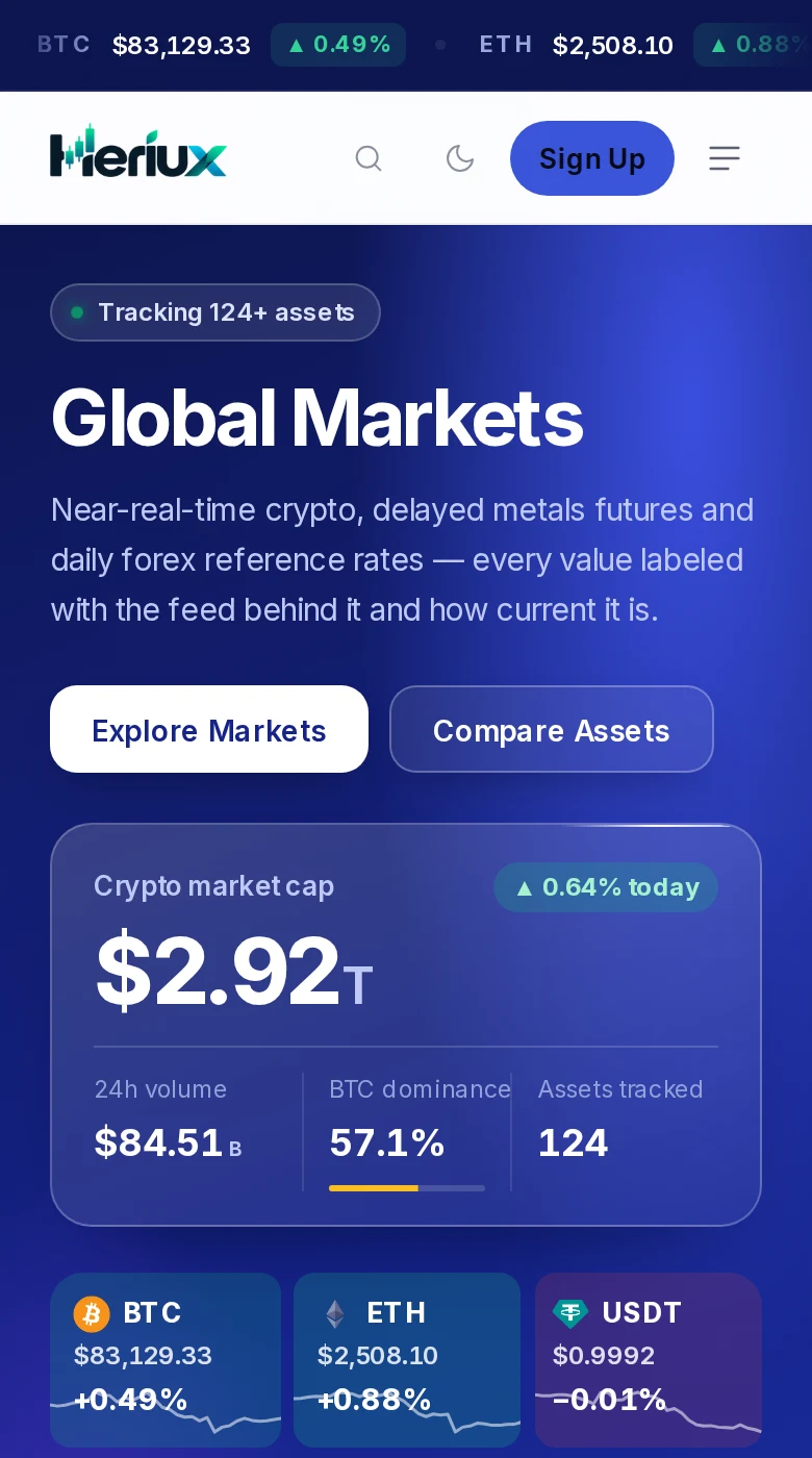 Heriux on a phone: market cap summary and asset tiles.
