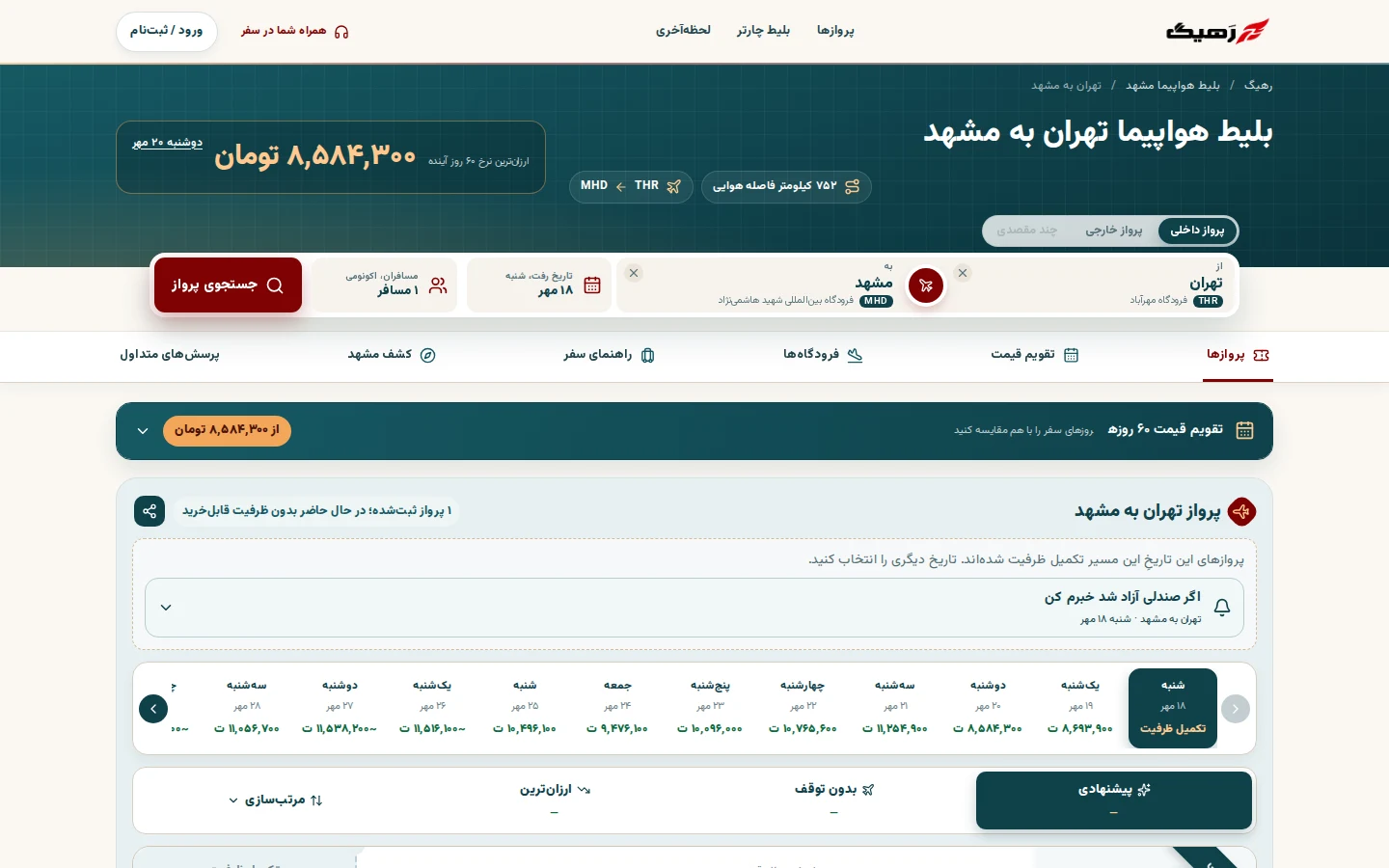 Rahig Tehran to Mashhad route page: the cheapest fare in the next 60 days, a date strip with prices, a sold-out notice and an alert option.