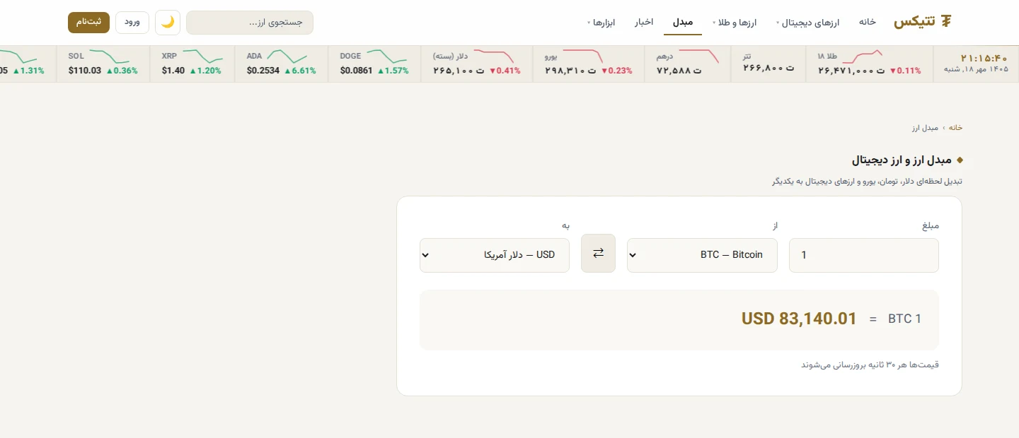 Tetix currency converter converting one bitcoin to US dollars, with a note that prices refresh every 30 seconds.
